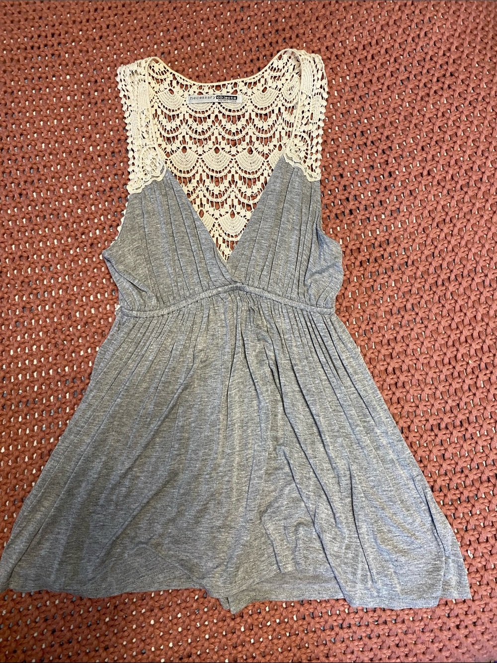 Gray Knit Tank Top with Cream Crochet Back